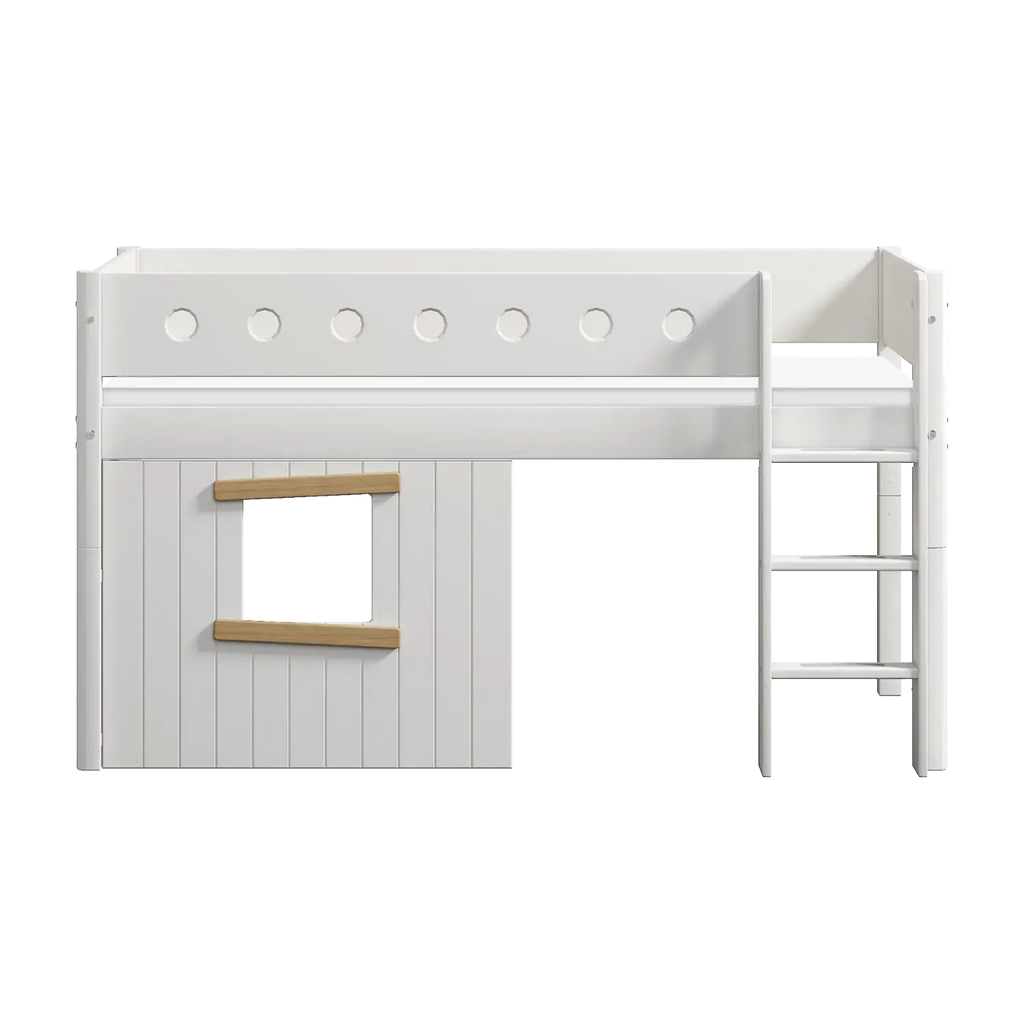 Lit surélevé cabane 120 cm avec échelle et barrière de sécurité, 90x200 cm, blanc