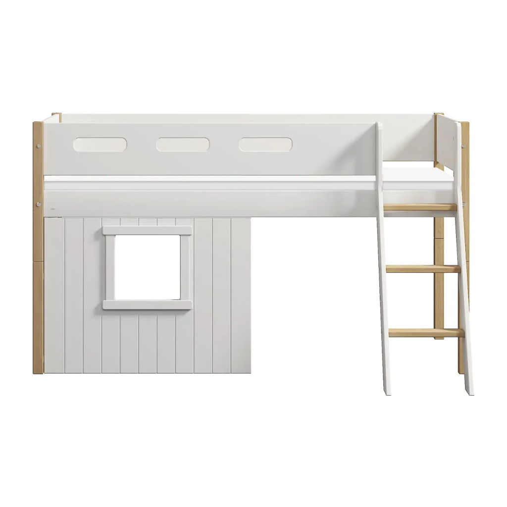 Lit mezzanine 120 cm avec cabane, échelle et barrière de sécurité, 90x200 cm, Blanc/Chêne