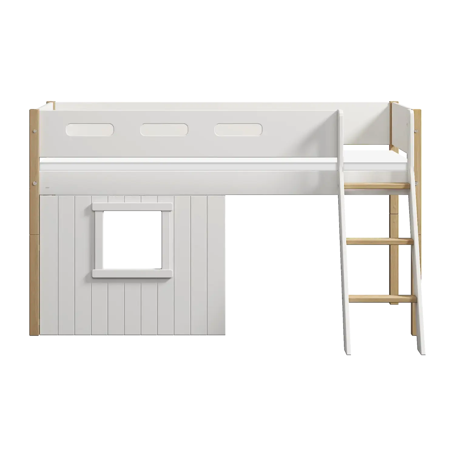 Lit mezzanine 120 cm avec cabane, échelle et barrière de sécurité, 90x200 cm, Blanc/Chêne