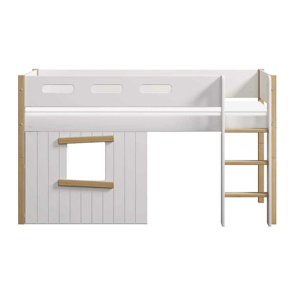 Lit mezzanine 120 cm avec cabane, échelle et barrière de sécurité, 90x200 cm, Blanc/Chêne