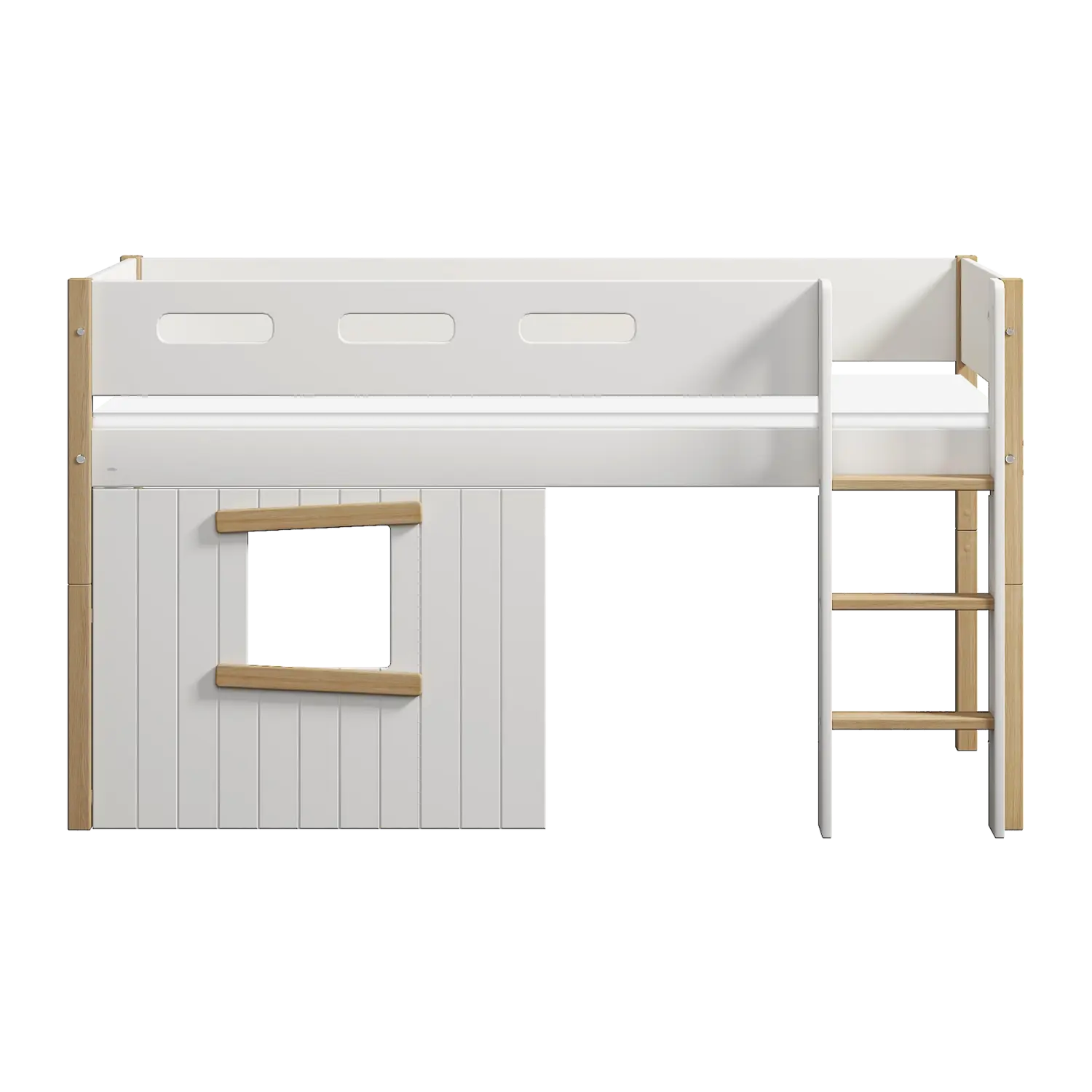 Lit mezzanine 120 cm avec cabane, échelle et barrière de sécurité, 90x200 cm, Blanc/Chêne