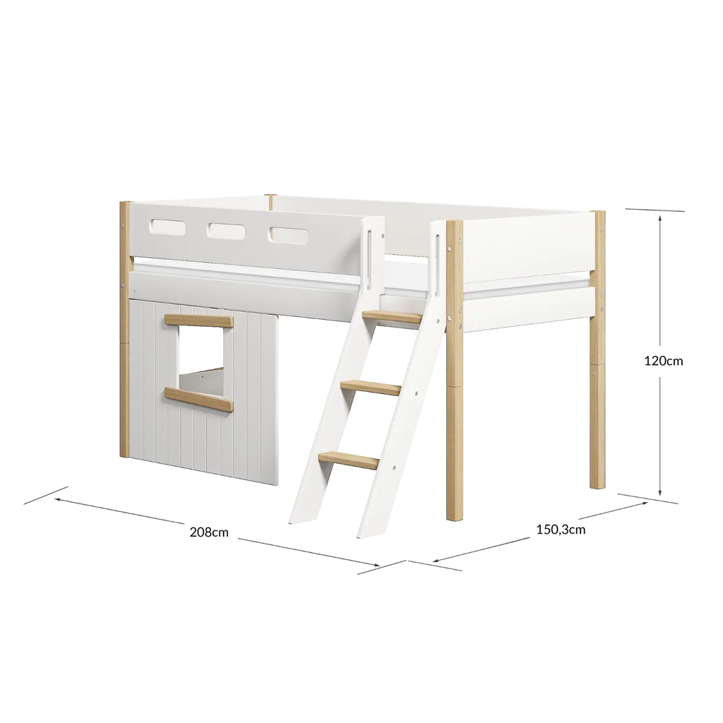 Lit mezzanine 120 cm avec cabane, échelle et barrière de sécurité, 90x200 cm, Blanc/Chêne