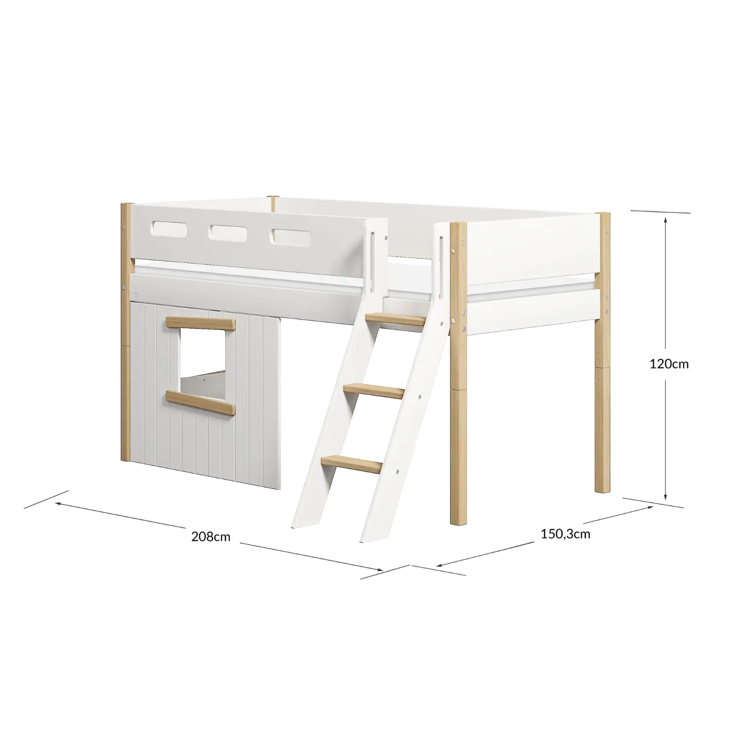 Lit mezzanine 120 cm avec cabane, échelle et barrière de sécurité, 90x200 cm, Blanc/Chêne
