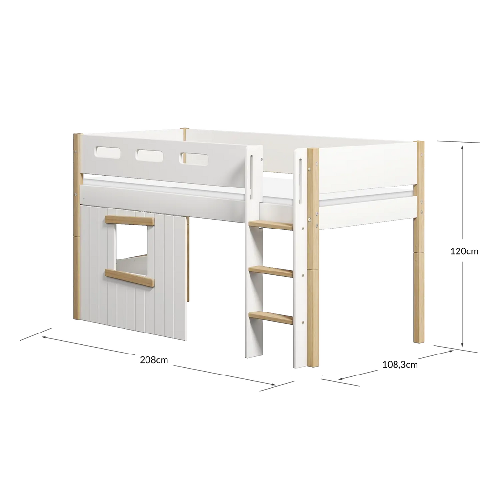 Lit mezzanine 120 cm avec cabane, échelle et barrière de sécurité, 90x200 cm, Blanc/Chêne