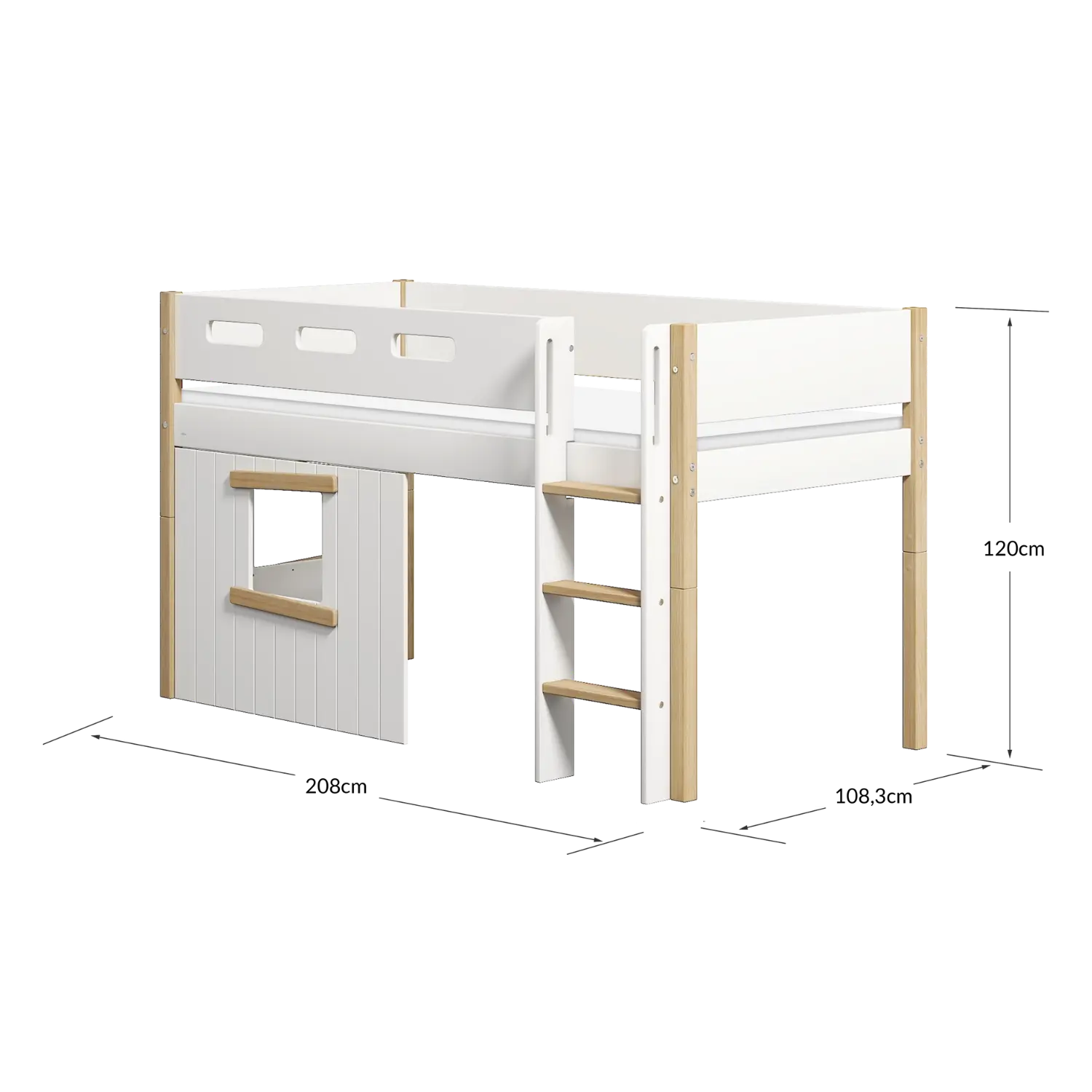 Lit mezzanine 120 cm avec cabane, échelle et barrière de sécurité, 90x200 cm, Blanc/Chêne