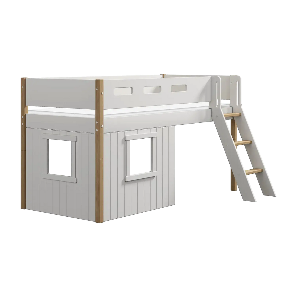 Lit mezzanine 120 cm avec cabane, échelle et barrière de sécurité, 90x200 cm, Blanc/Chêne