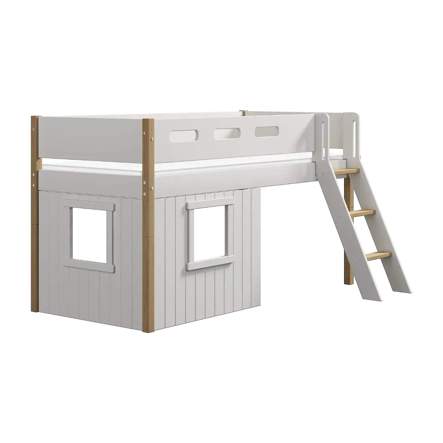 Lit mezzanine 120 cm avec cabane, échelle et barrière de sécurité, 90x200 cm, Blanc/Chêne