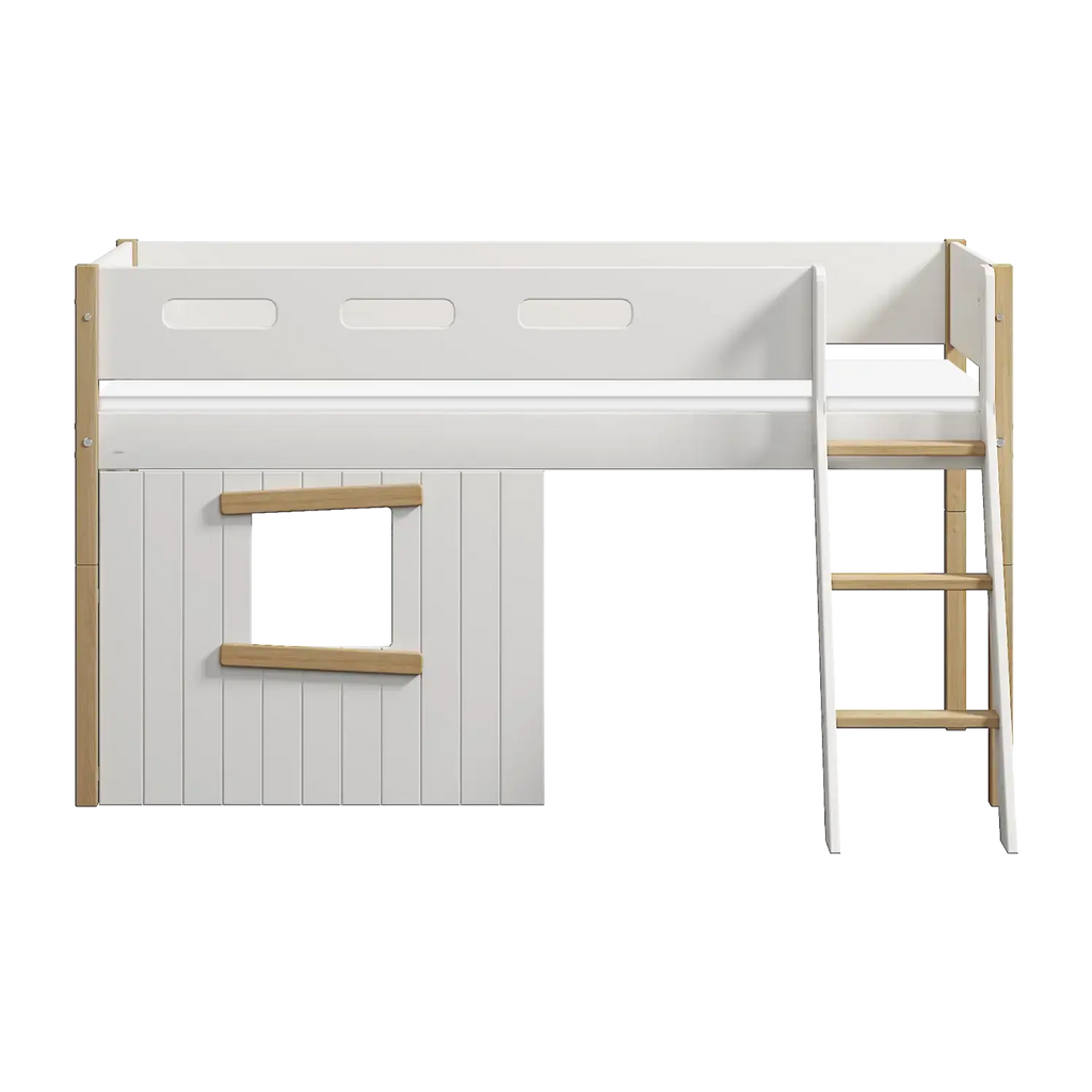 Lit mezzanine 120 cm avec cabane, échelle et barrière de sécurité, 90x200 cm, Blanc/Chêne