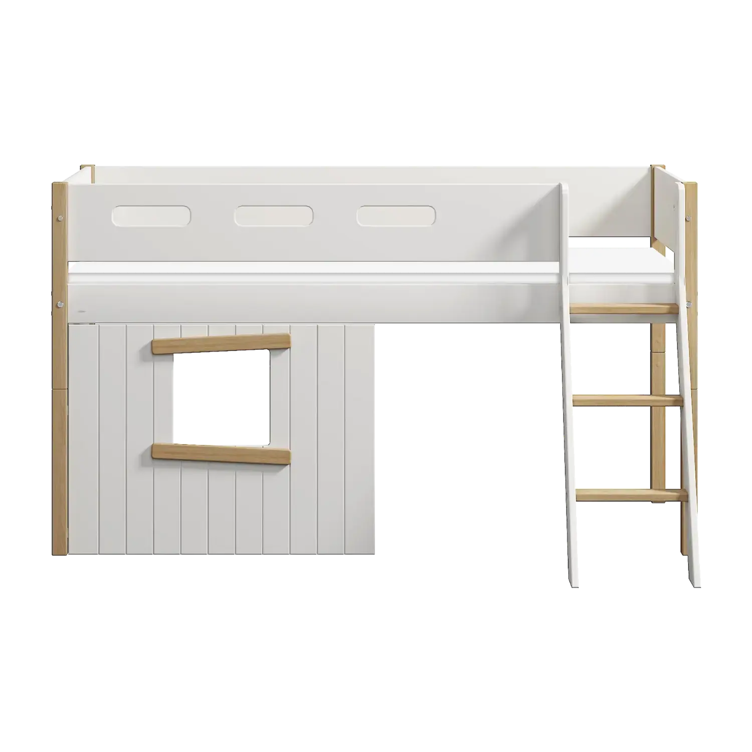 Lit mezzanine 120 cm avec cabane, échelle et barrière de sécurité, 90x200 cm, Blanc/Chêne
