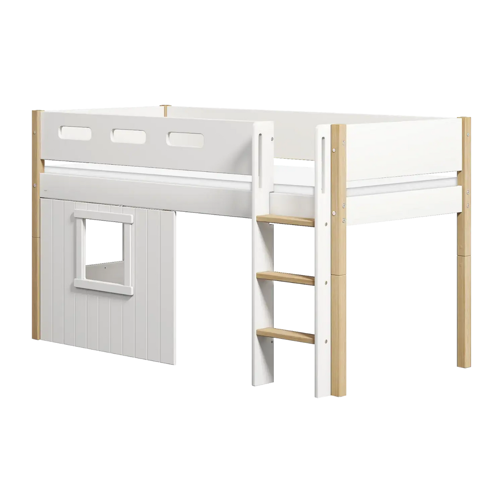 Lit surélevé 120 cm avec cabane, échelle et barrière de sécurité, 90x200 cm, Blanc/Chêne
