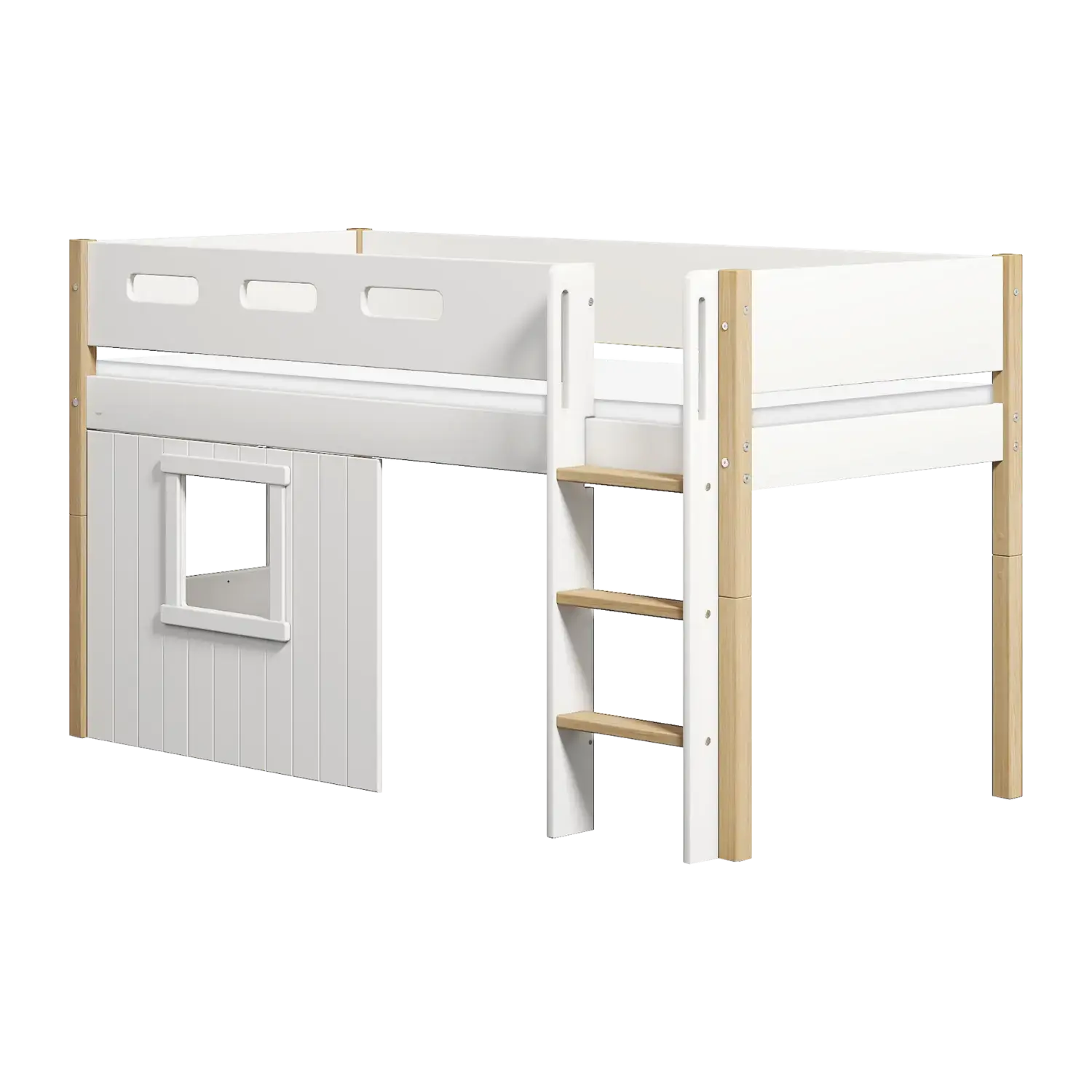 Lit surélevé 120 cm avec cabane, échelle et barrière de sécurité, 90x200 cm, Blanc/Chêne