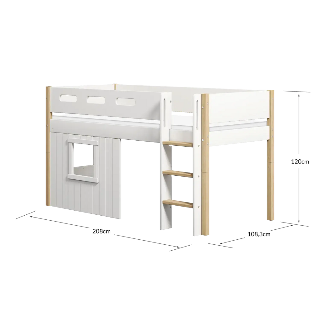 Lit surélevé 120 cm avec cabane, échelle et barrière de sécurité, 90x200 cm, Blanc/Chêne