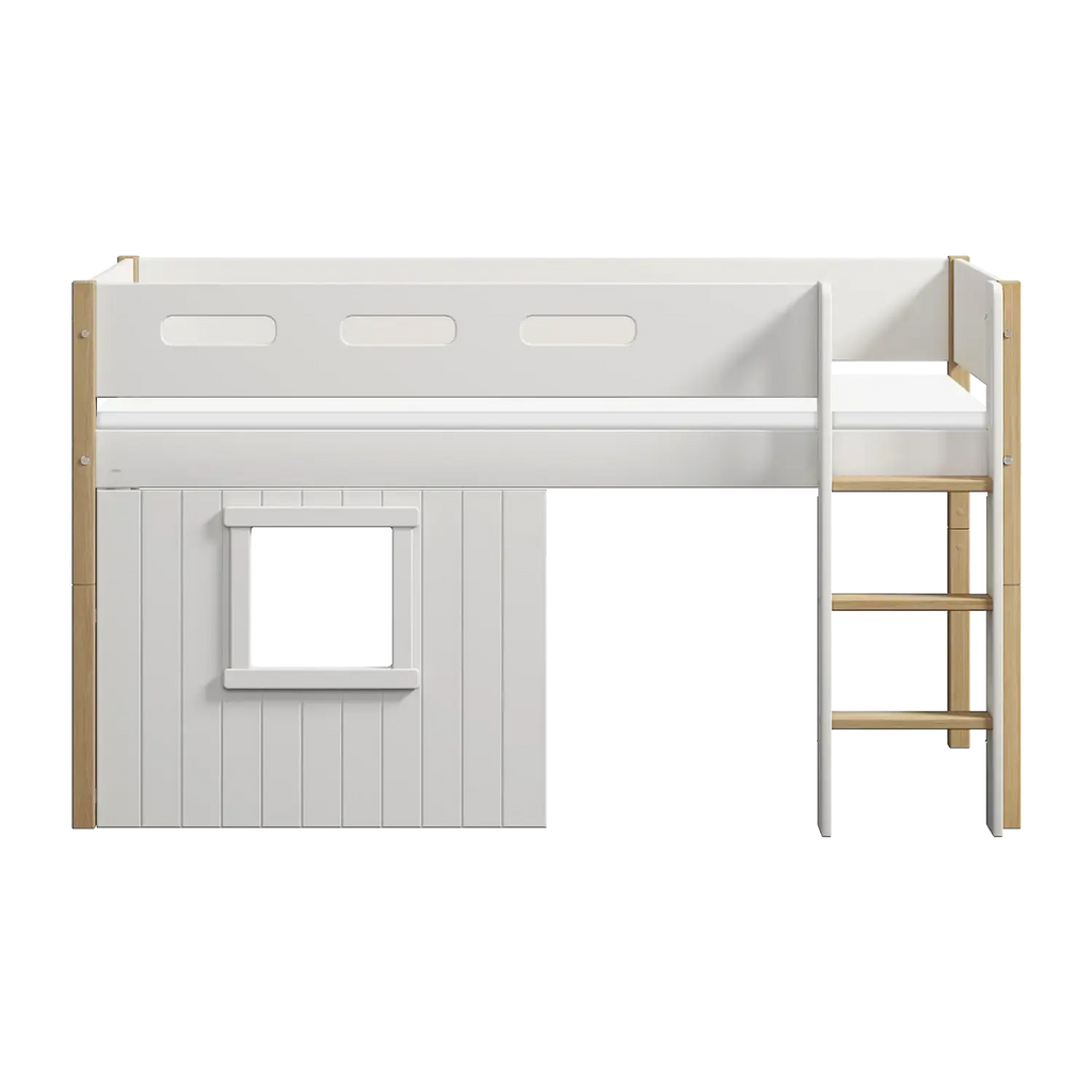 Lit surélevé 120 cm avec cabane, échelle et barrière de sécurité, 90x200 cm, Blanc/Chêne