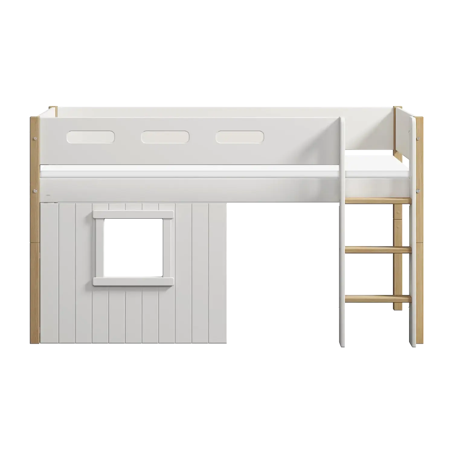 Lit surélevé 120 cm avec cabane, échelle et barrière de sécurité, 90x200 cm, Blanc/Chêne