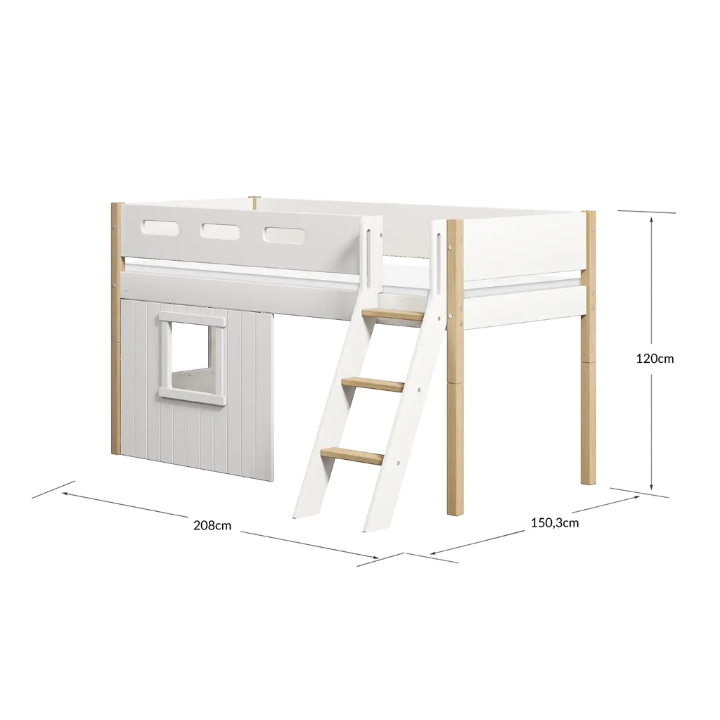 Lit mezzanine 120 cm avec cabane, échelle et barrière de sécurité, 90x200 cm, Blanc/Chêne