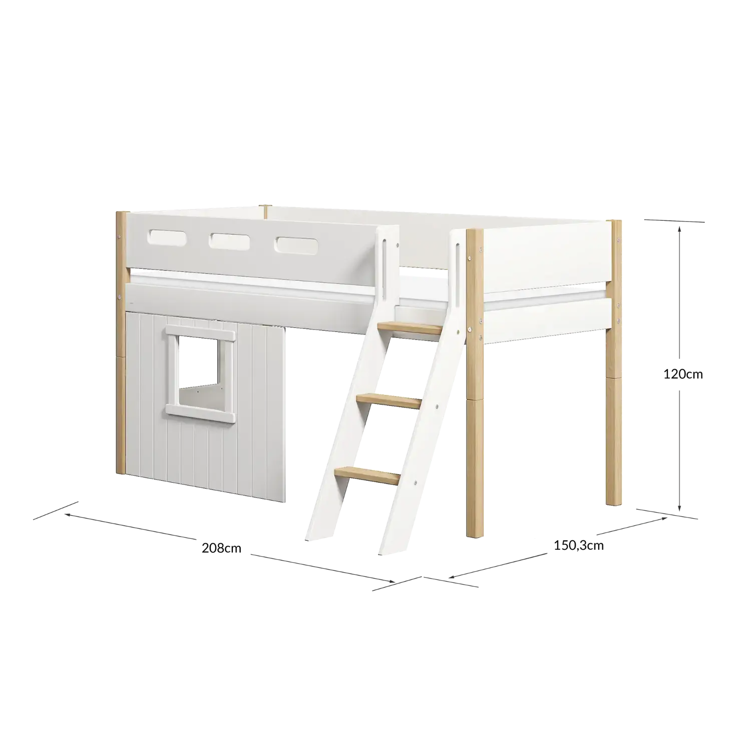 Lit mezzanine 120 cm avec cabane, échelle et barrière de sécurité, 90x200 cm, Blanc/Chêne