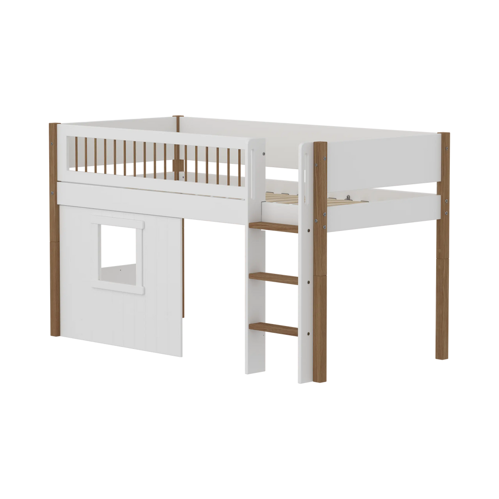 Lit surélevé 120 cm avec cabane, échelle et barrière de sécurité, 90x200 cm, Blanc/Chêne