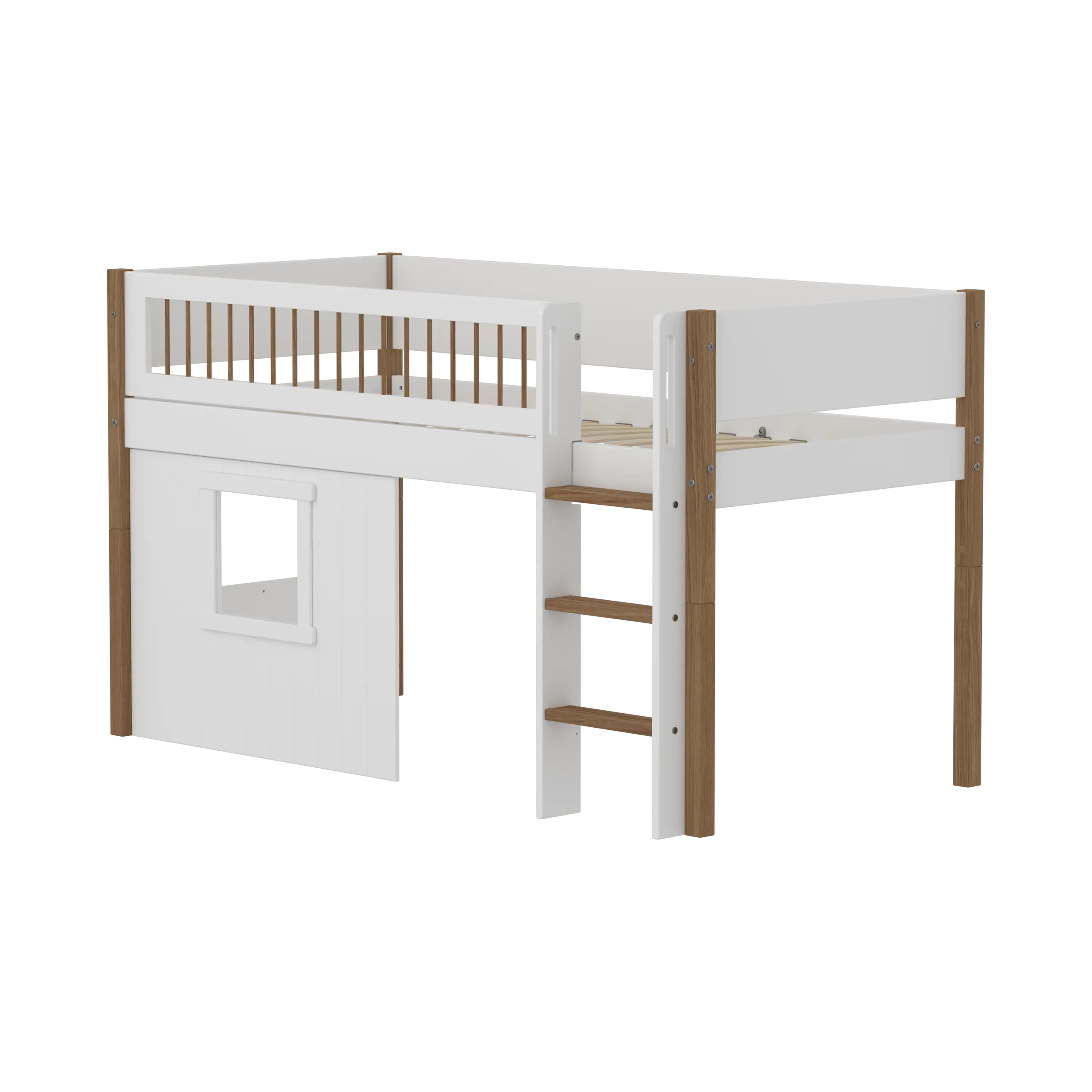 Lit surélevé 120 cm avec cabane, échelle et barrière de sécurité, 90x200 cm, Blanc/Chêne