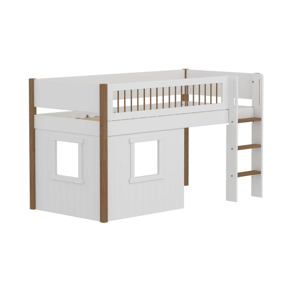Lit surélevé 120 cm avec cabane, échelle et barrière de sécurité, 90x200 cm, Blanc/Chêne