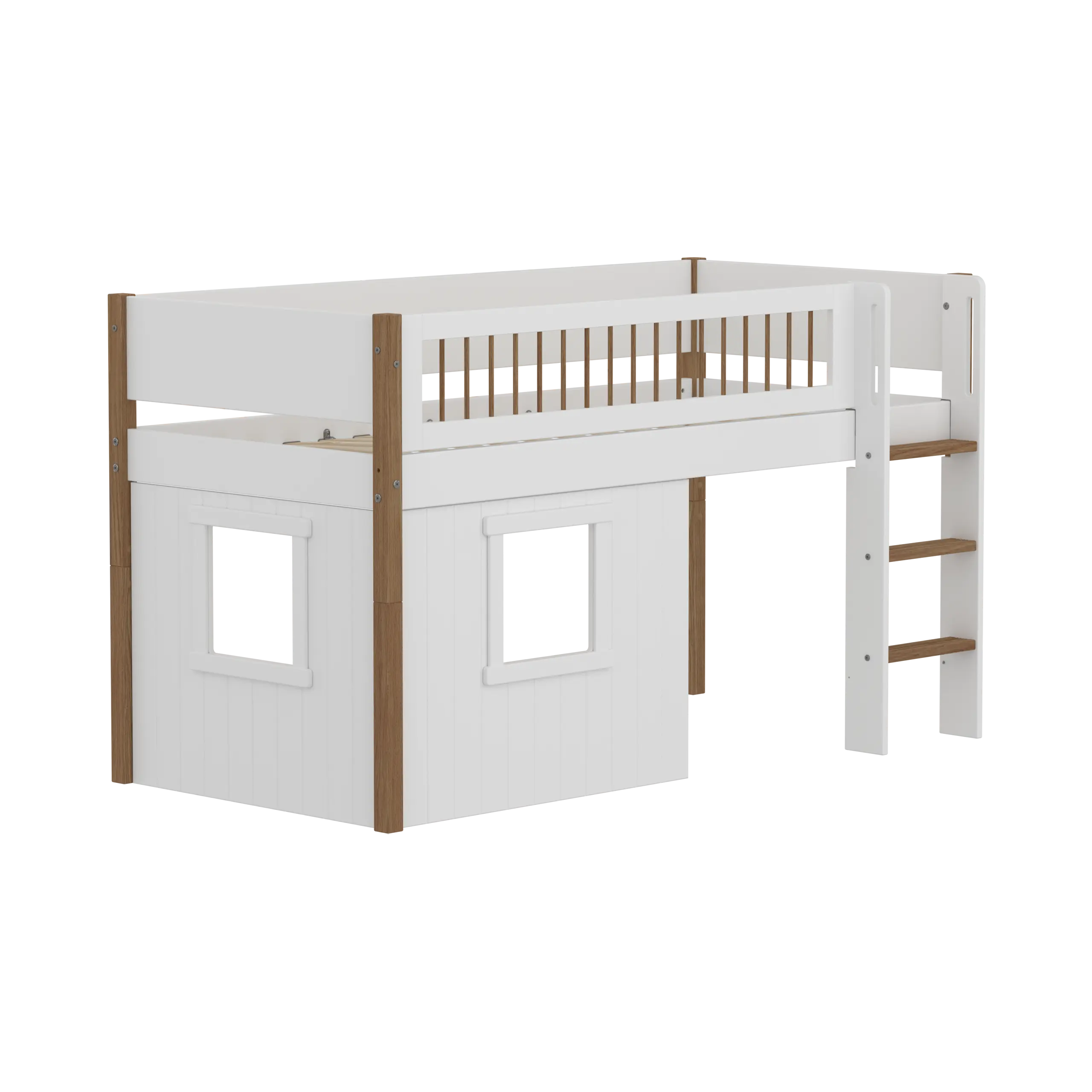 Lit surélevé 120 cm avec cabane, échelle et barrière de sécurité, 90x200 cm, Blanc/Chêne