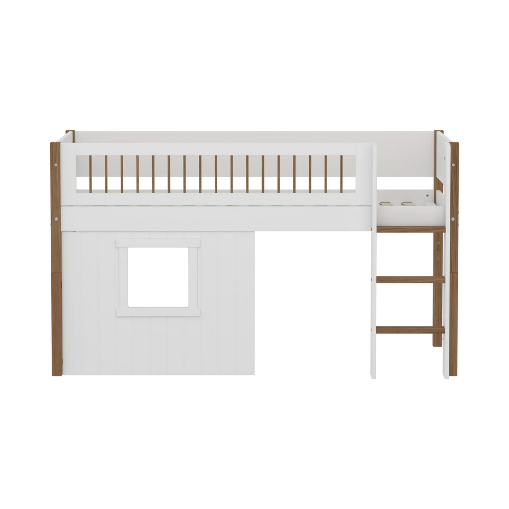 Lit surélevé 120 cm avec cabane, échelle et barrière de sécurité, 90x200 cm, Blanc/Chêne