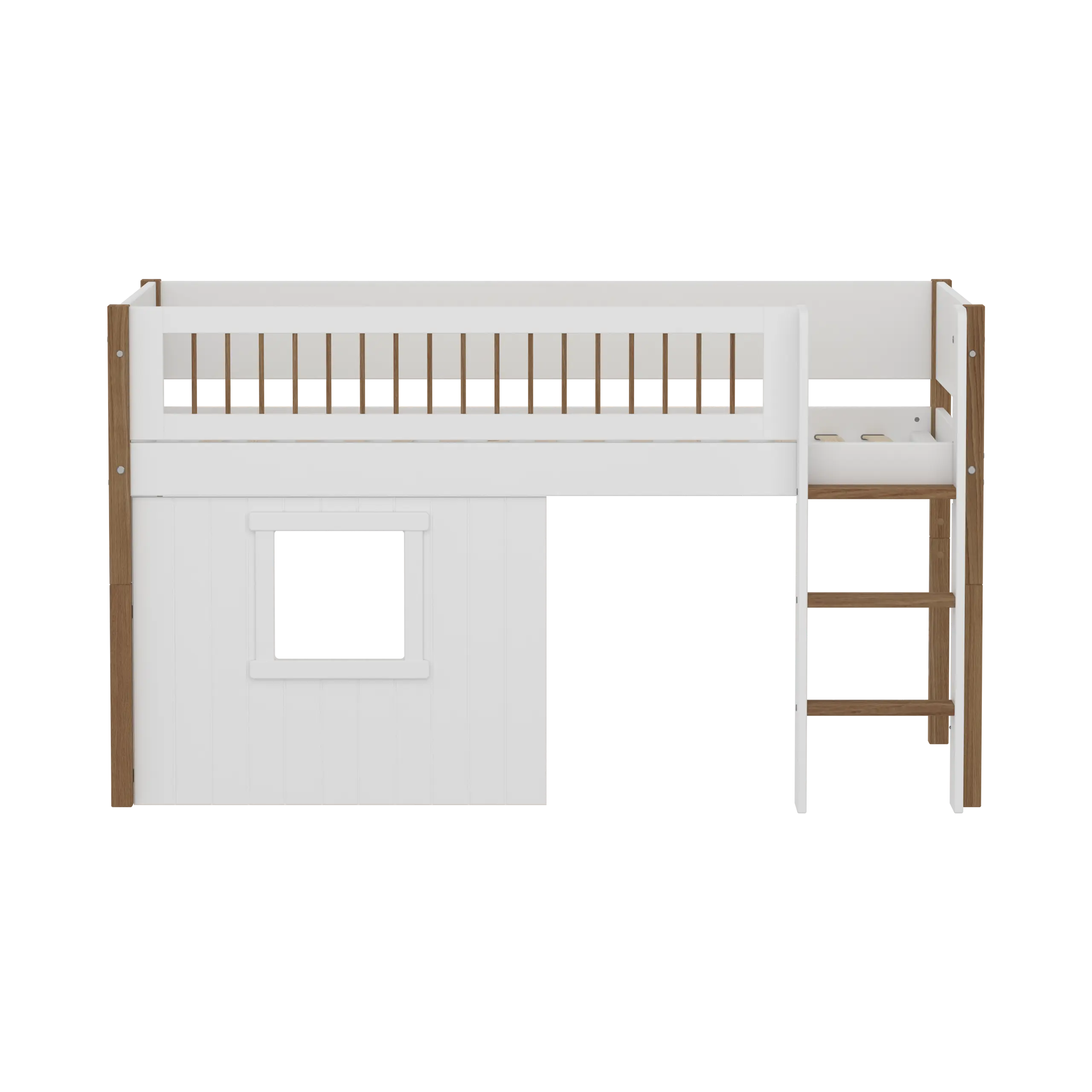 Lit surélevé 120 cm avec cabane, échelle et barrière de sécurité, 90x200 cm, Blanc/Chêne