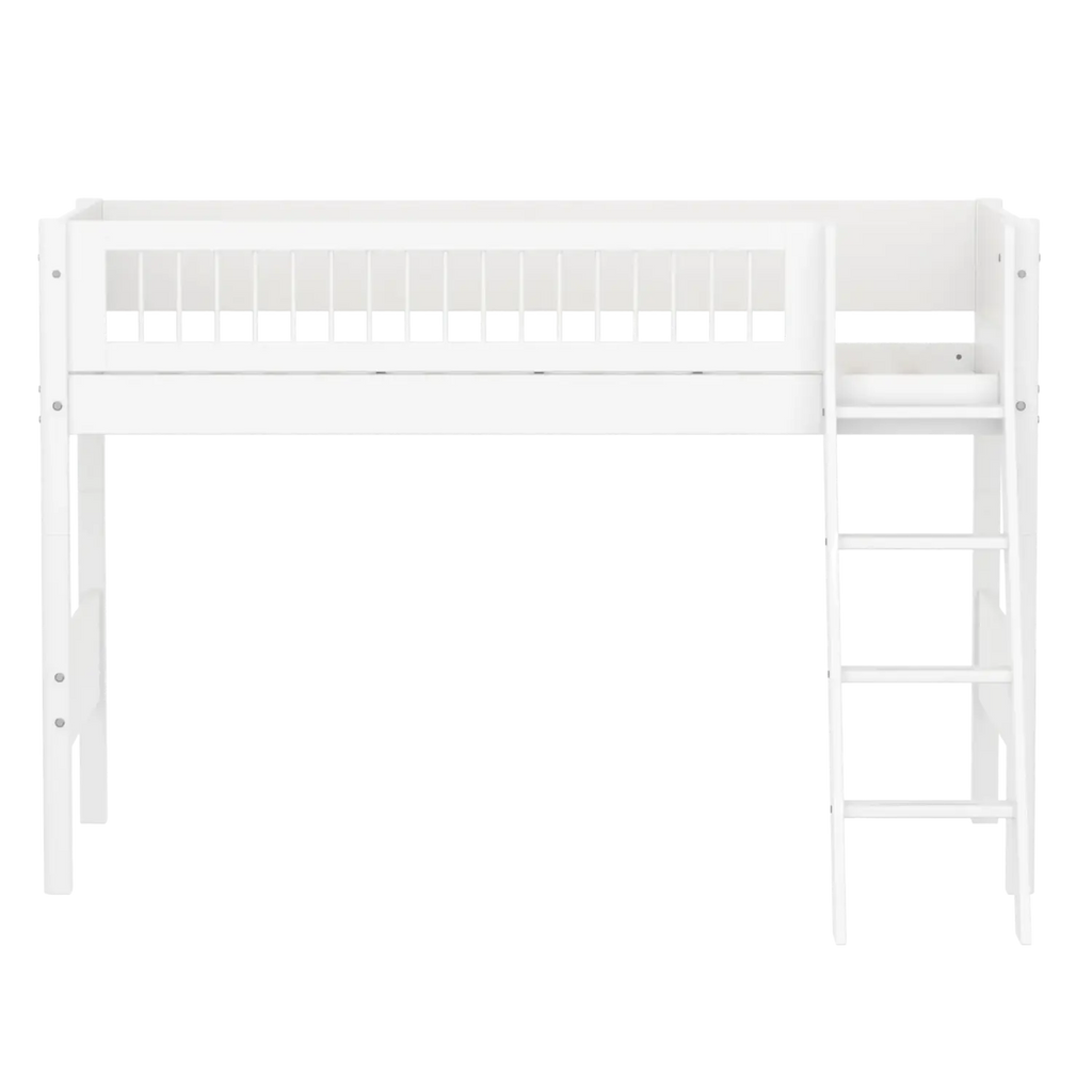 Lit surélevé 143 cm avec échelle et barrière de sécurité, 90x200 cm, Blanc