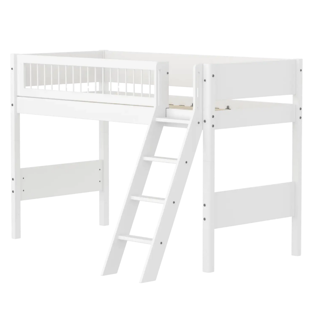 Lit surélevé 143 cm avec échelle et barrière de sécurité, 90x200 cm, Blanc