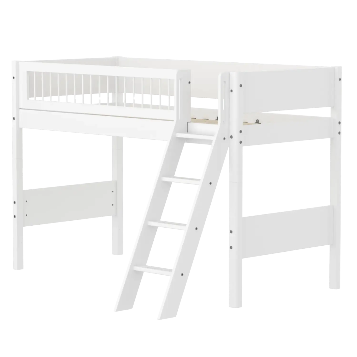 Lit surélevé 143 cm avec échelle et barrière de sécurité, 90x200 cm, Blanc