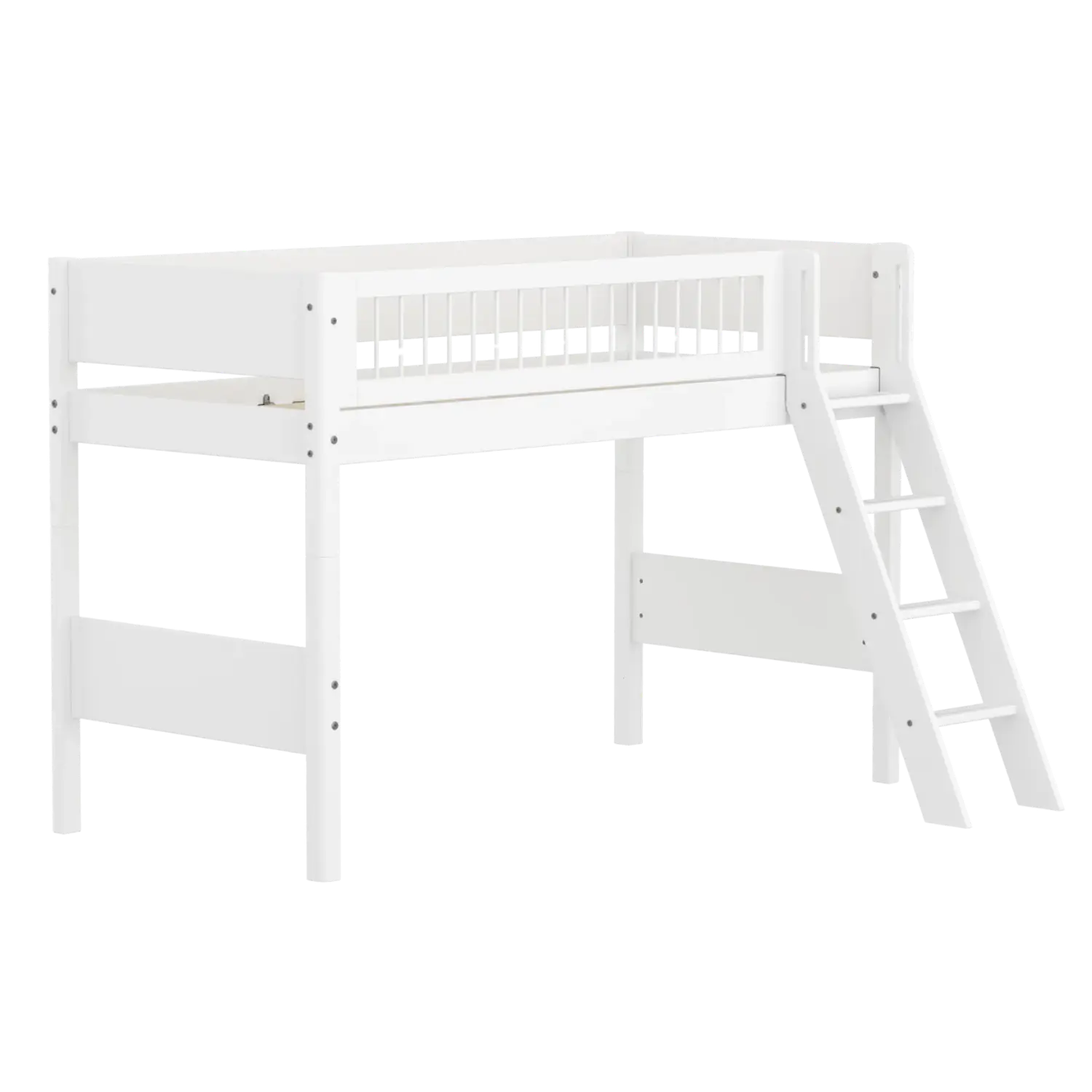 Lit surélevé 143 cm avec échelle et barrière de sécurité, 90x200 cm, Blanc
