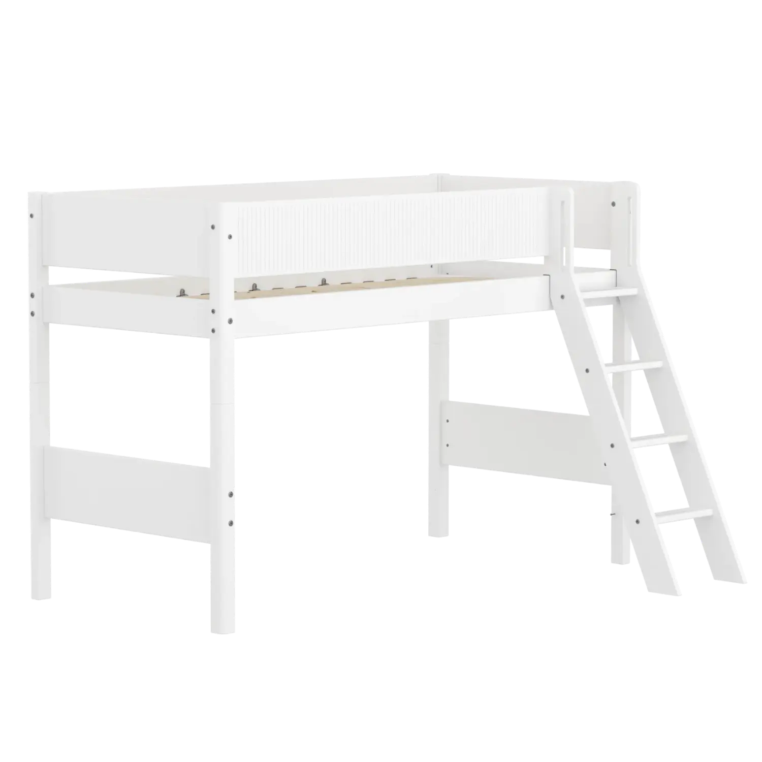 Lit surélevé 143 cm avec échelle et barrière de sécurité, 90x200 cm, Blanc