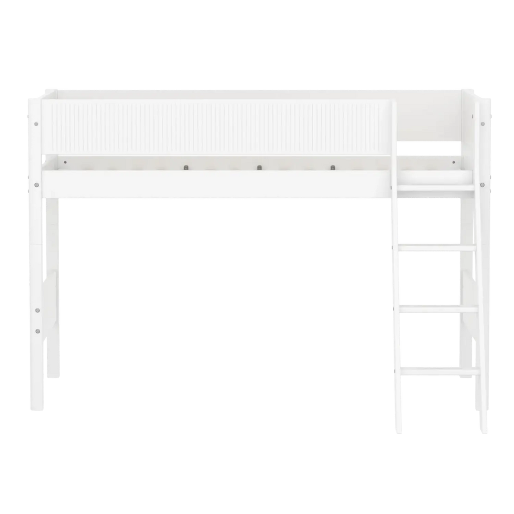 Lit surélevé 143 cm avec échelle et barrière de sécurité, 90x200 cm, Blanc