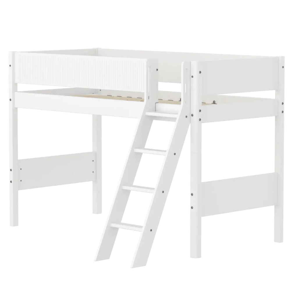 Lit surélevé 143 cm avec échelle et barrière de sécurité, 90x200 cm, Blanc