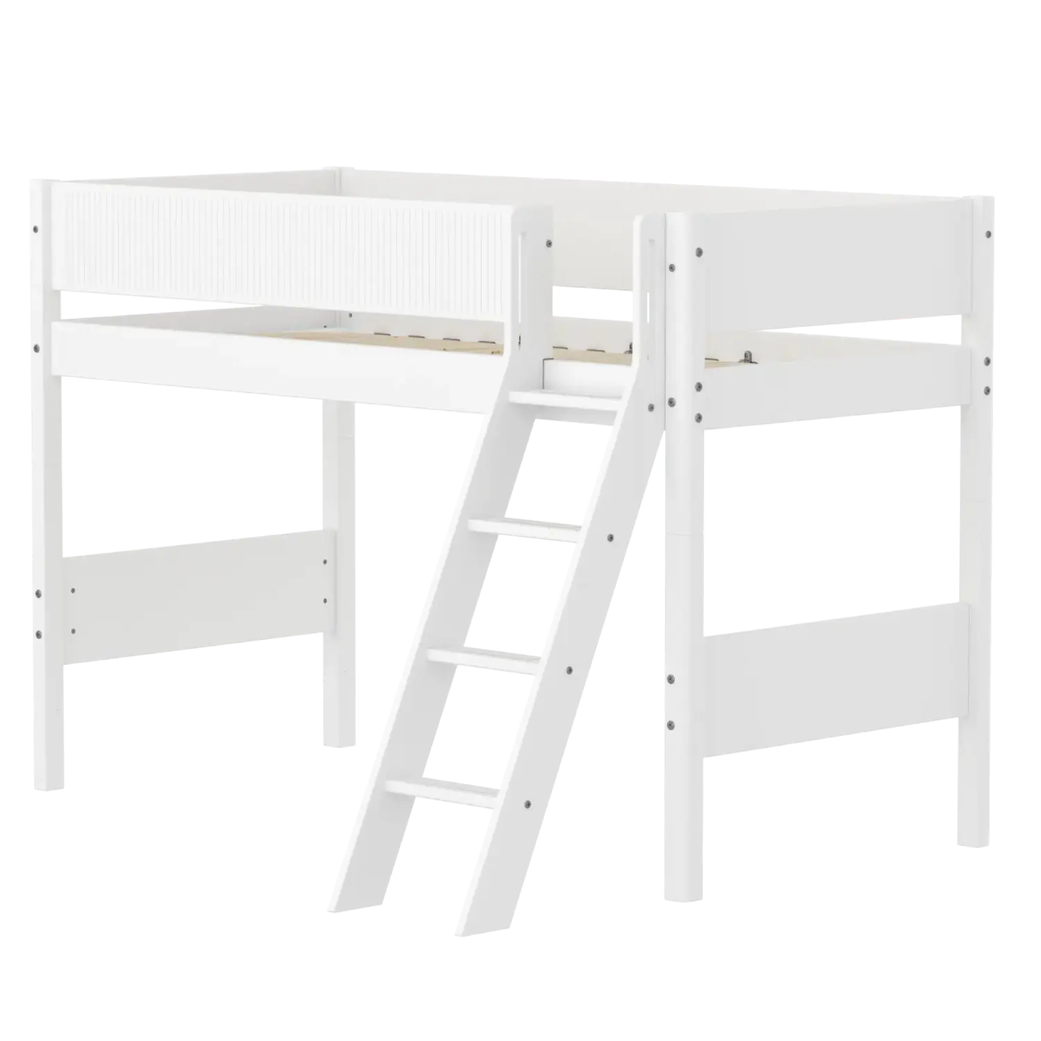 Lit surélevé 143 cm avec échelle et barrière de sécurité, 90x200 cm, Blanc