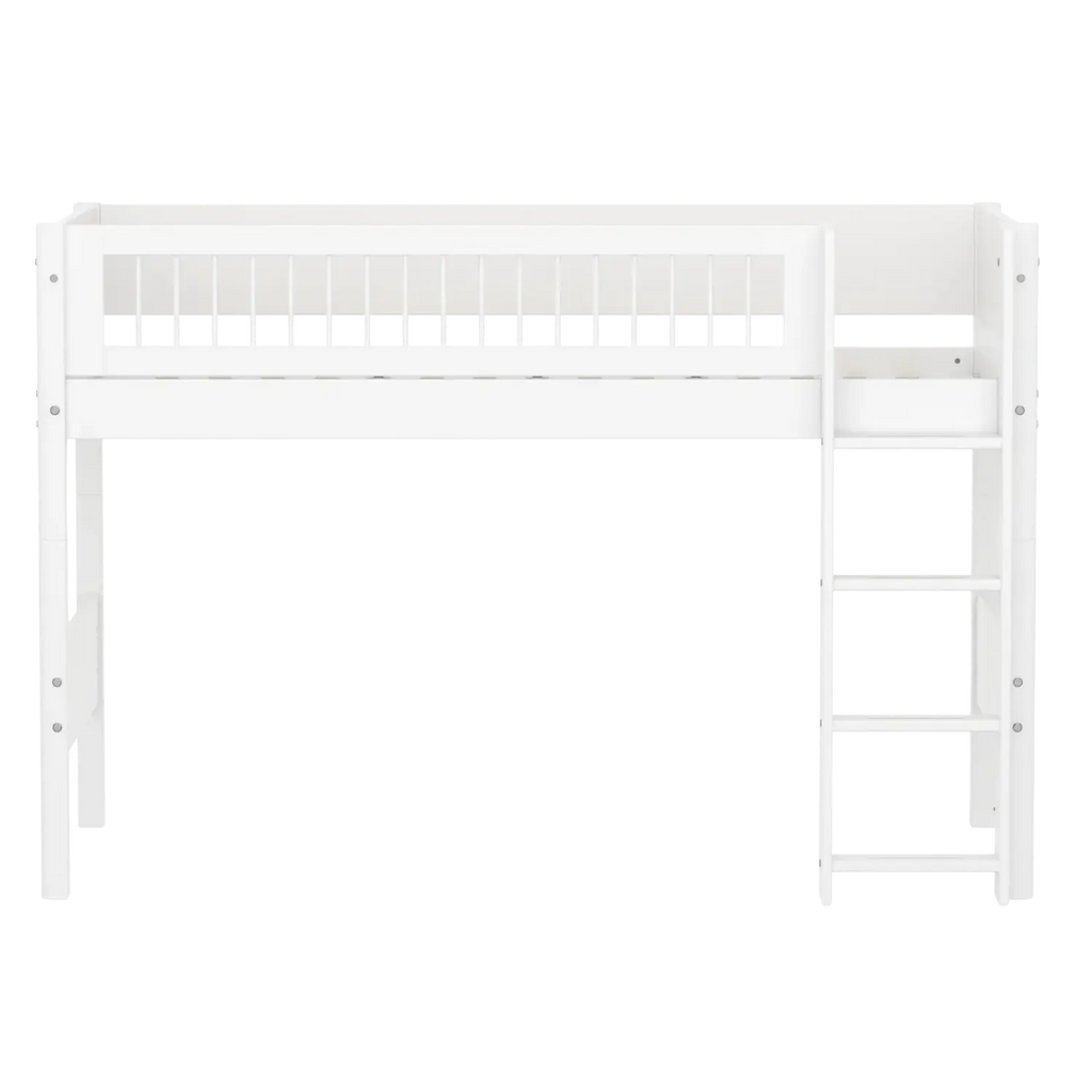 Lit mezzanine 143 cm avec échelle et barrière de sécurité, 90x200 cm, Blanc