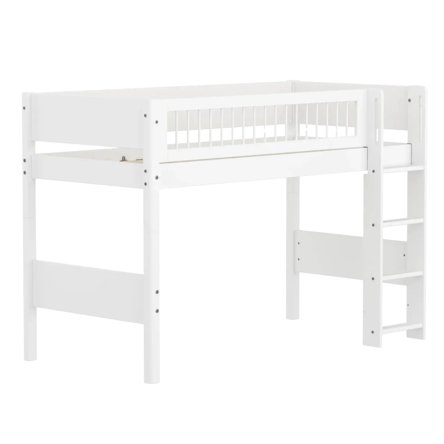 Lit mezzanine 143 cm avec échelle et barrière de sécurité, 90x200 cm, Blanc