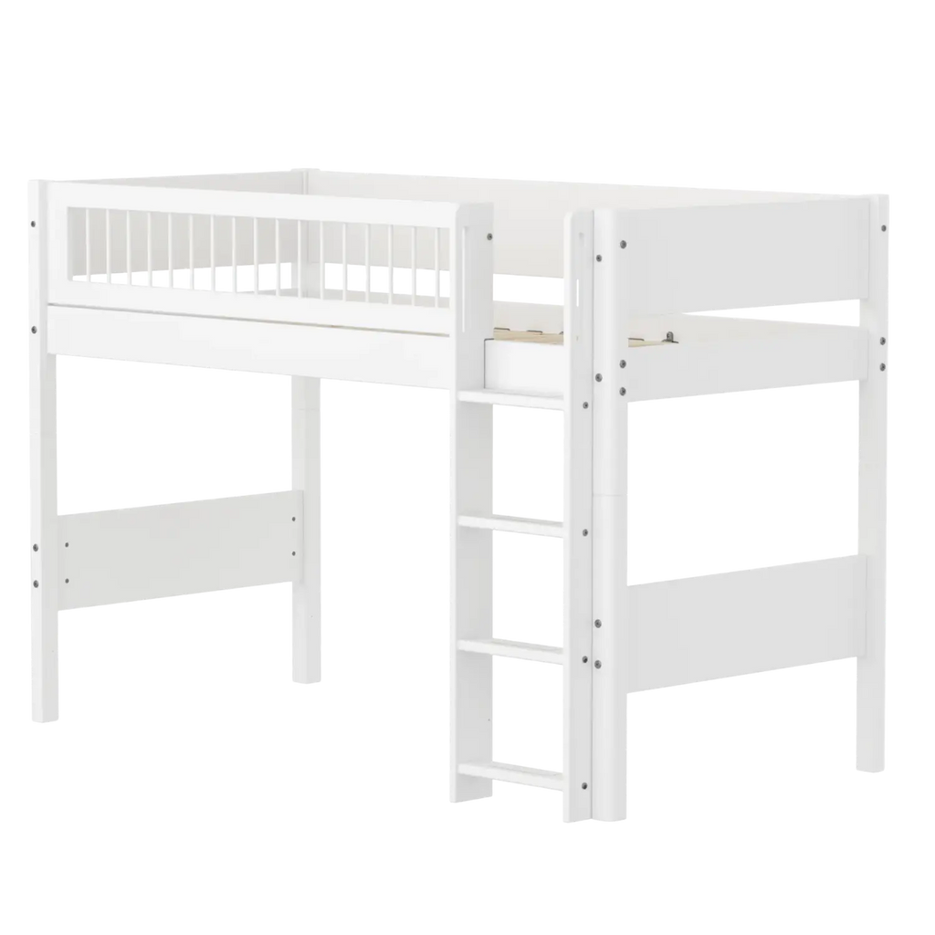 Lit mezzanine 143 cm avec échelle et barrière de sécurité, 90x200 cm, Blanc