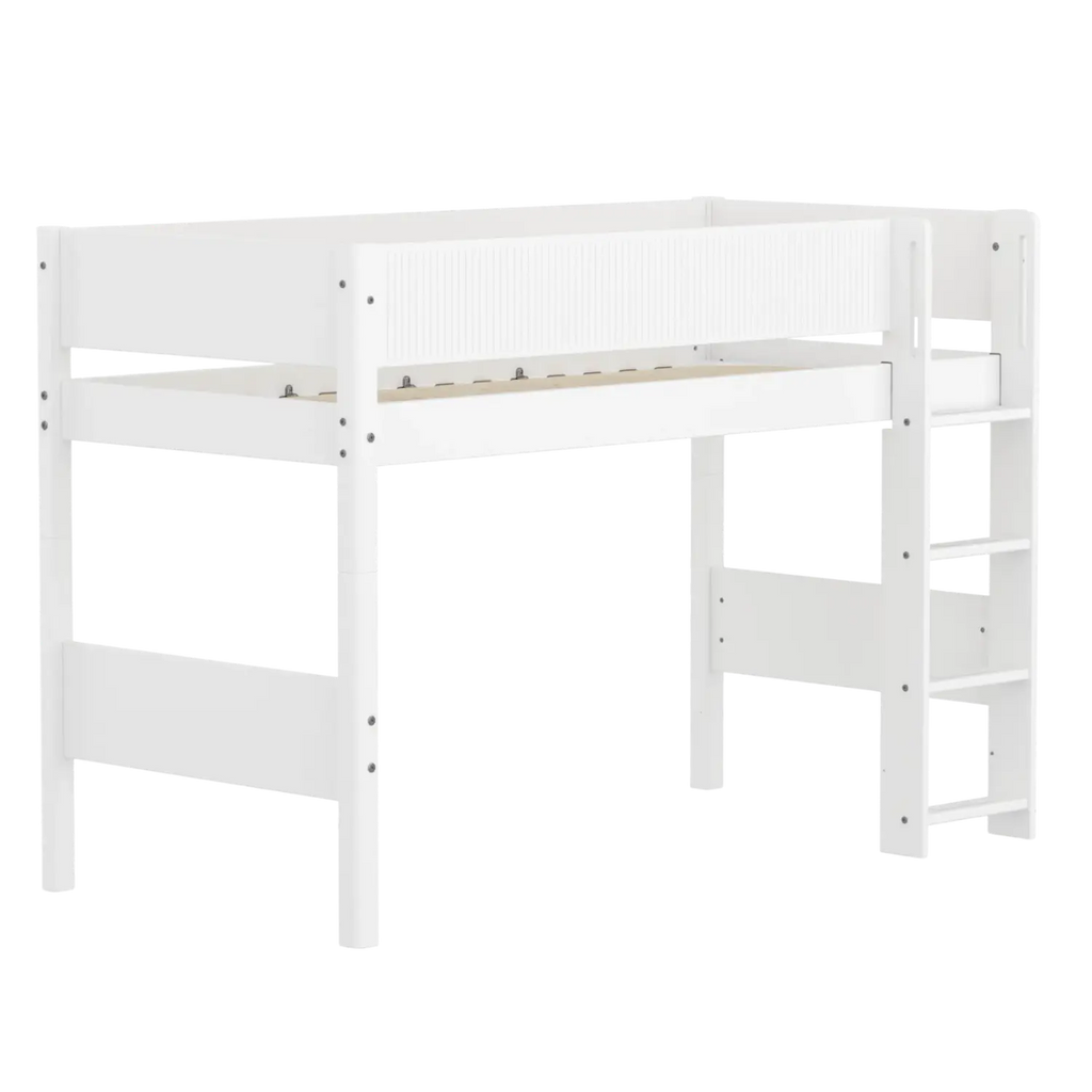 Lit surélevé 143 cm avec échelle et barrière de sécurité, 90x200 cm, Blanc