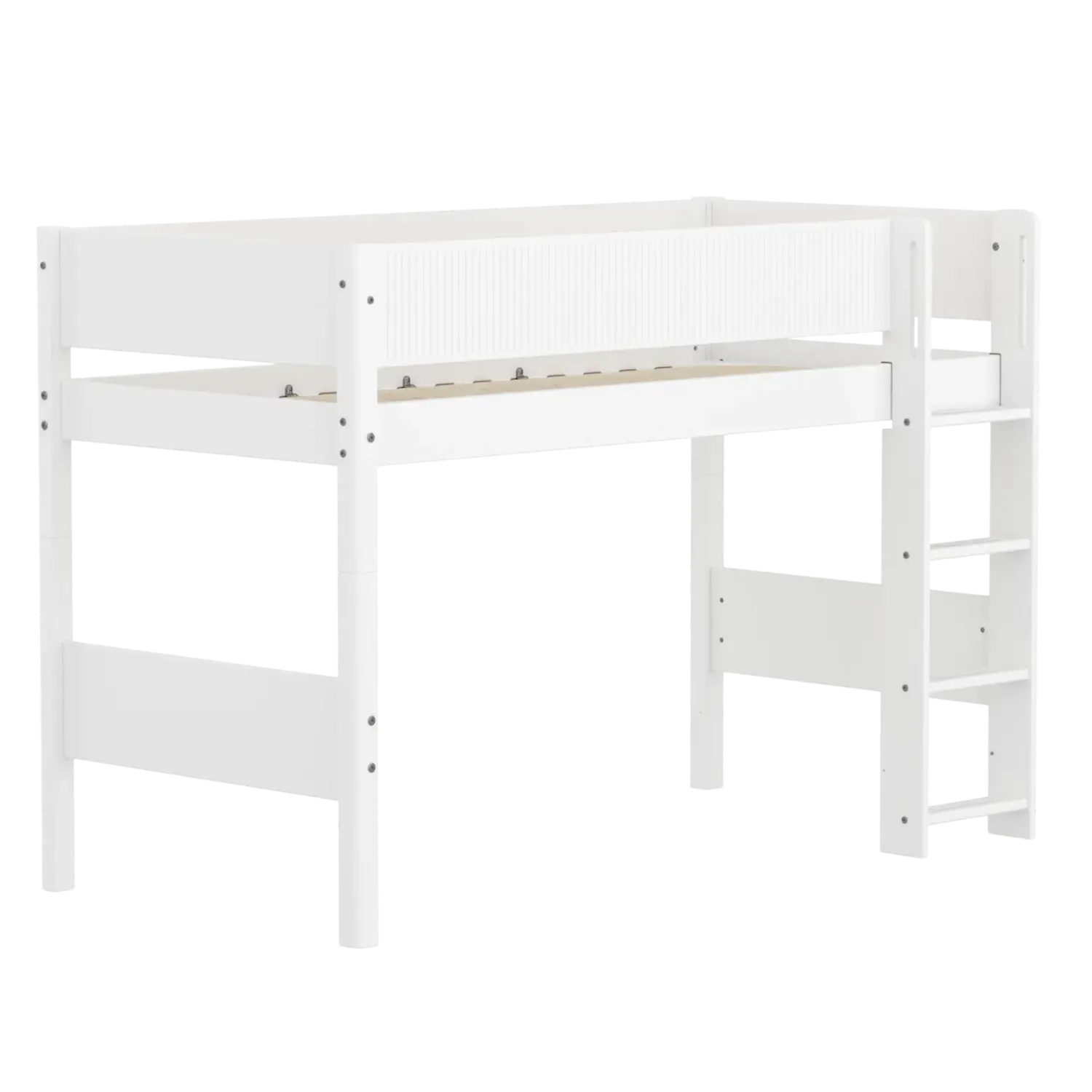 Lit surélevé 143 cm avec échelle et barrière de sécurité, 90x200 cm, Blanc