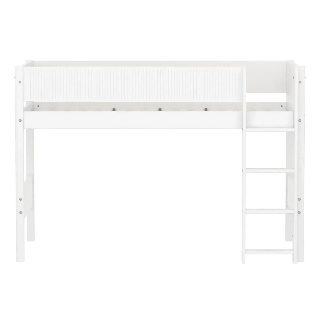 Lit surélevé 143 cm avec échelle et barrière de sécurité, 90x200 cm, Blanc