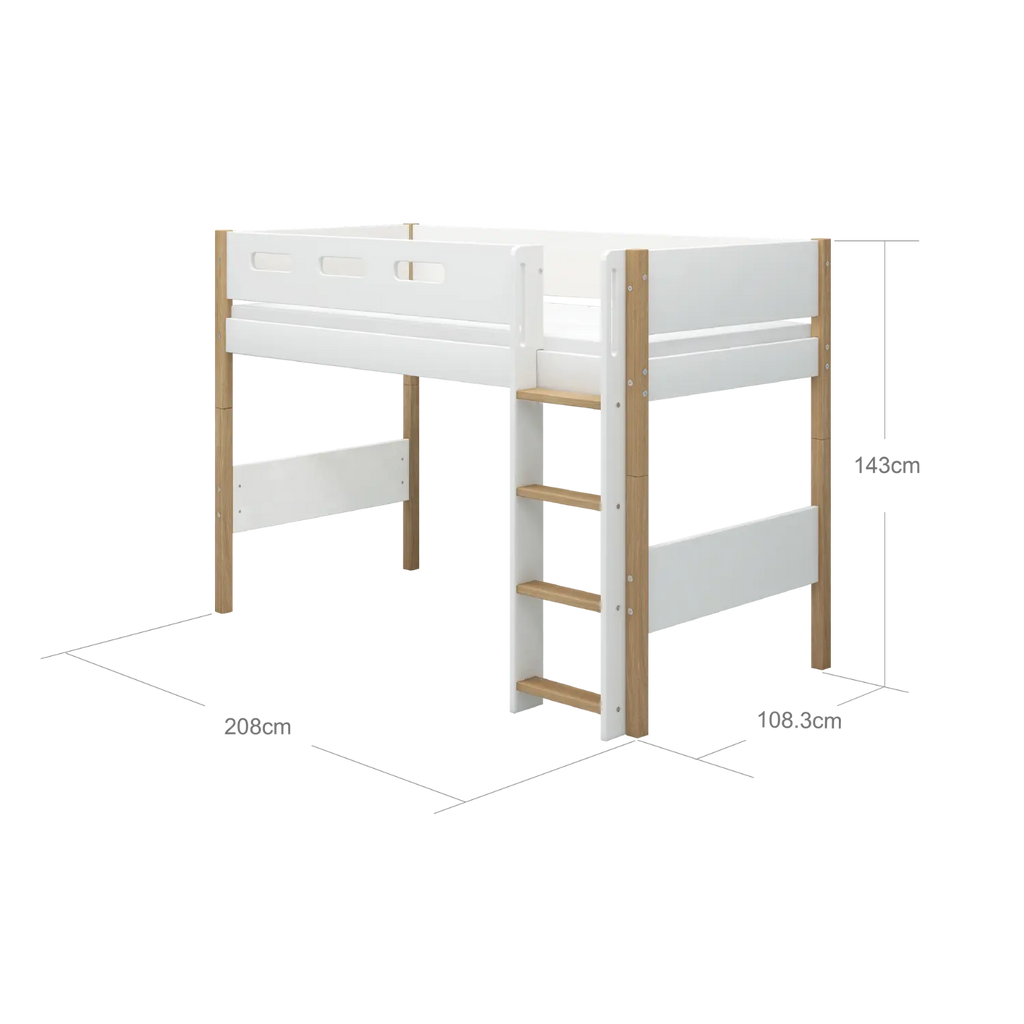 Lit surélevé 143 cm avec échelle et barrière de sécurité, 90x200 cm, Blanc/Chêne