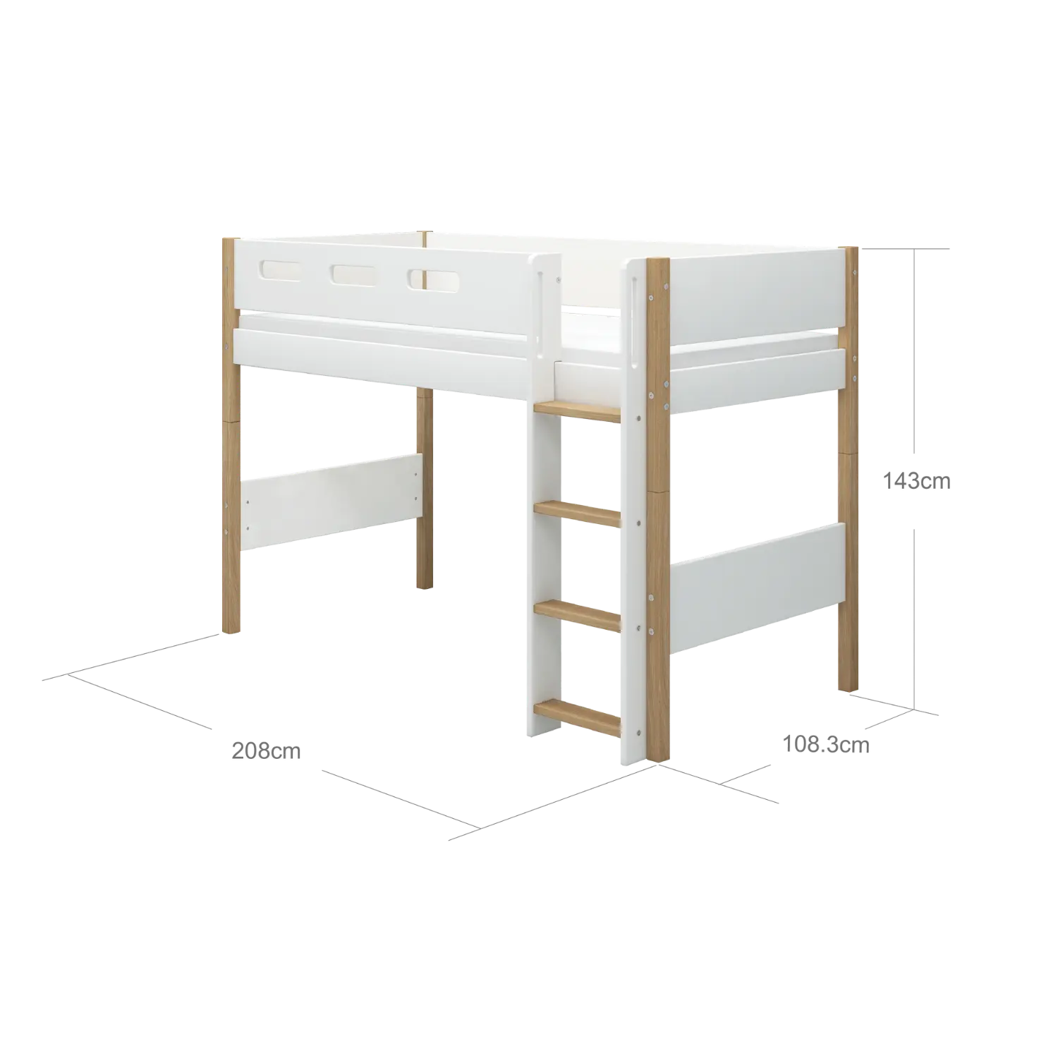 Lit surélevé 143 cm avec échelle et barrière de sécurité, 90x200 cm, Blanc/Chêne