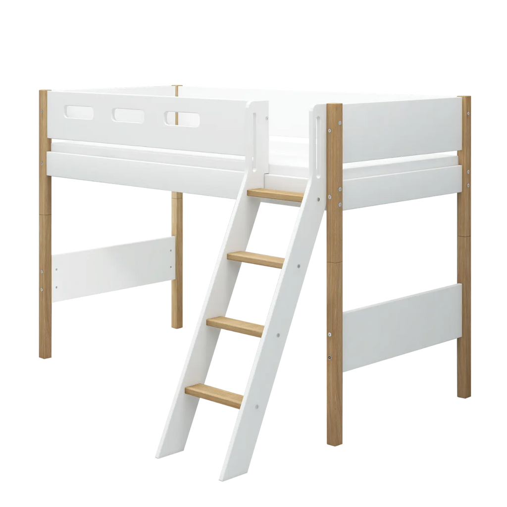 Lit en hauteur 143 cm avec échelle et barrière de sécurité, 90x200 cm, Blanc/Chêne
