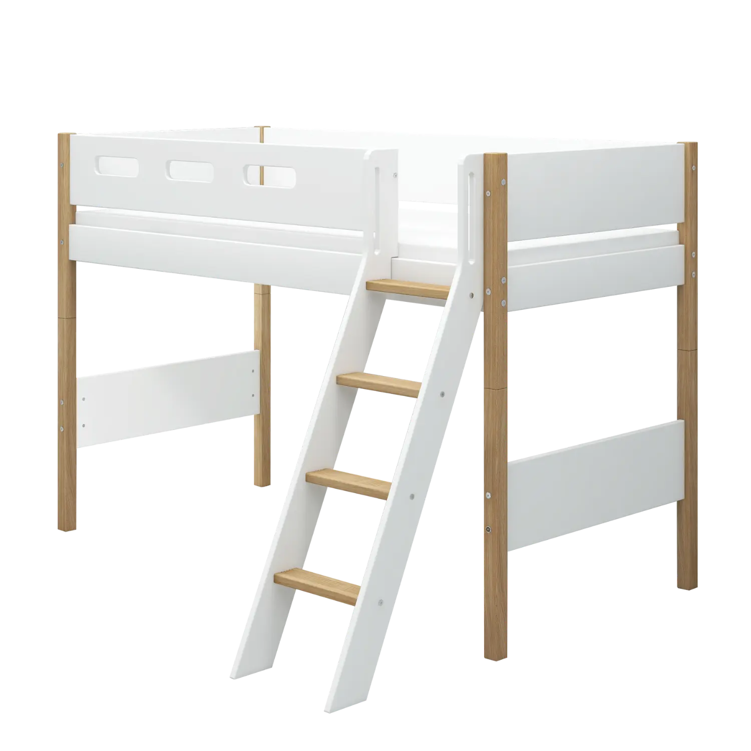 Lit en hauteur 143 cm avec échelle et barrière de sécurité, 90x200 cm, Blanc/Chêne