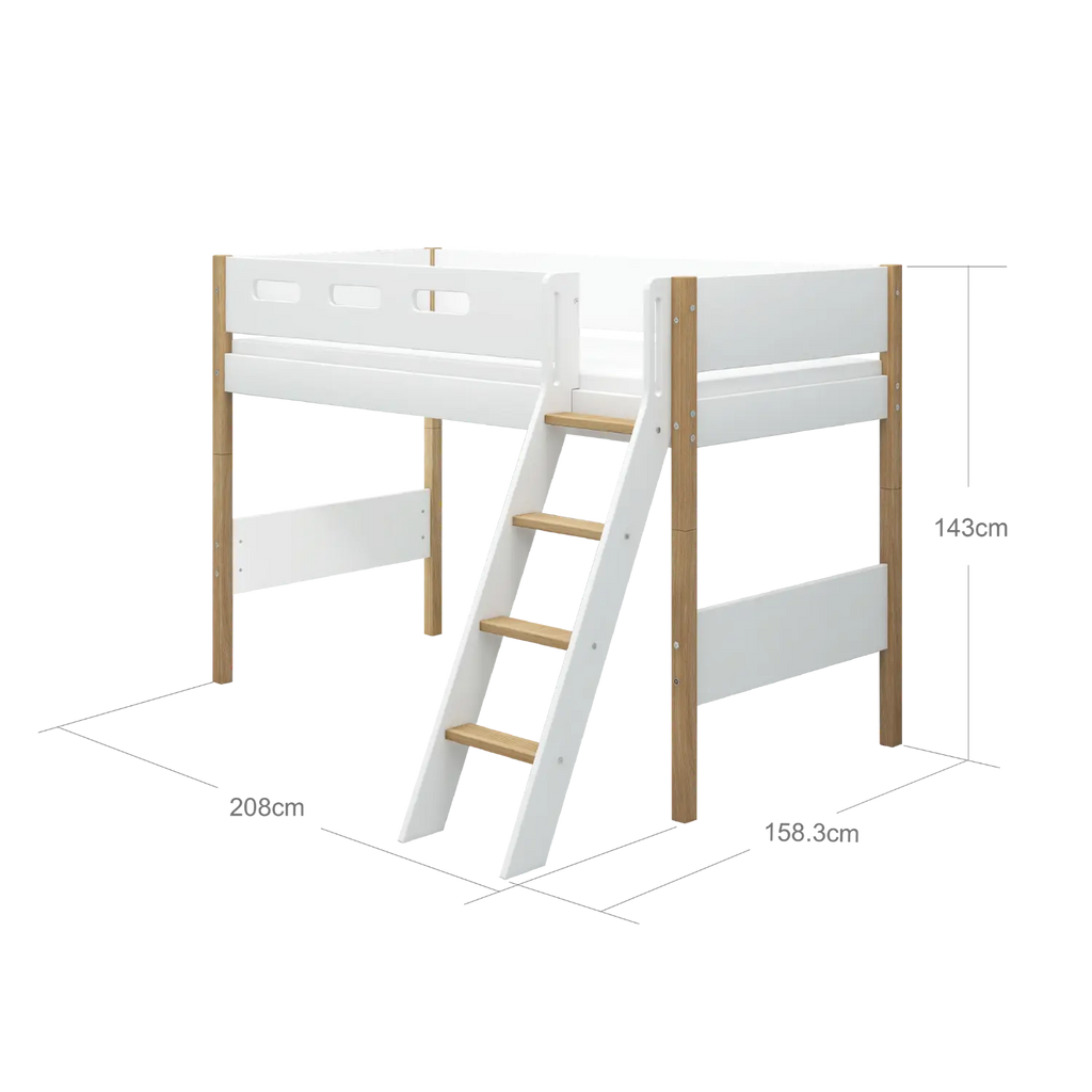 Lit en hauteur 143 cm avec échelle et barrière de sécurité, 90x200 cm, Blanc/Chêne