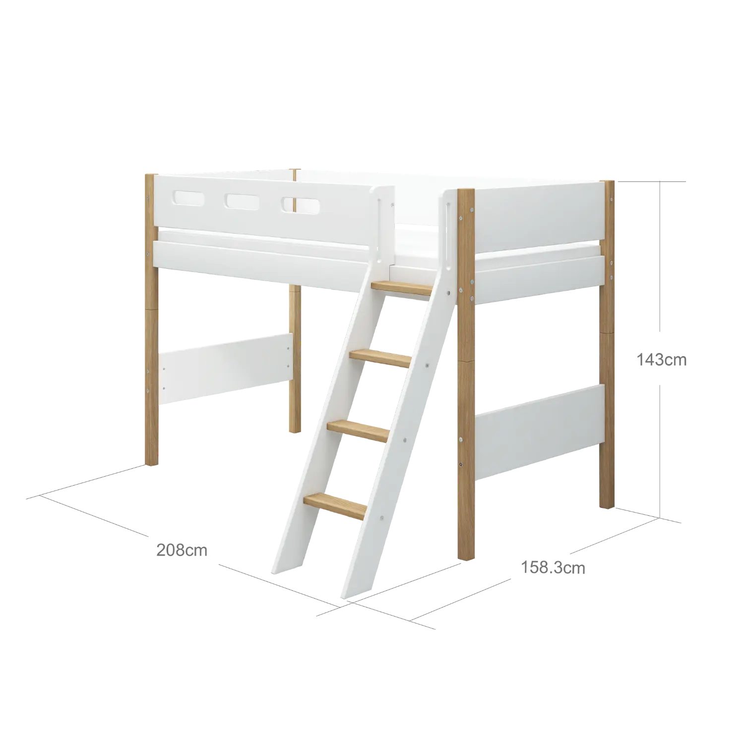 Lit en hauteur 143 cm avec échelle et barrière de sécurité, 90x200 cm, Blanc/Chêne