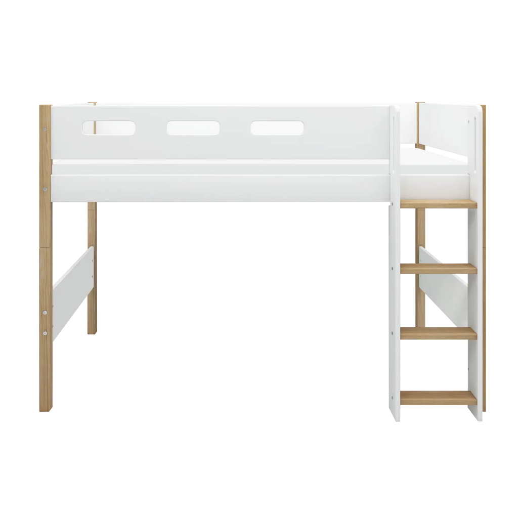 Lit surélevé 143 cm avec échelle et barrière de sécurité, 90x200 cm, Blanc/Chêne