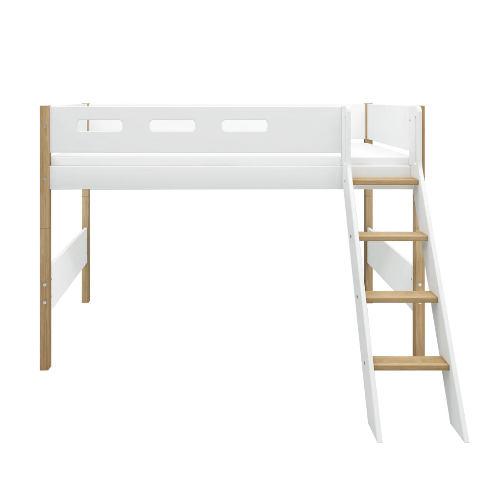 Lit en hauteur 143 cm avec échelle et barrière de sécurité, 90x200 cm, Blanc/Chêne