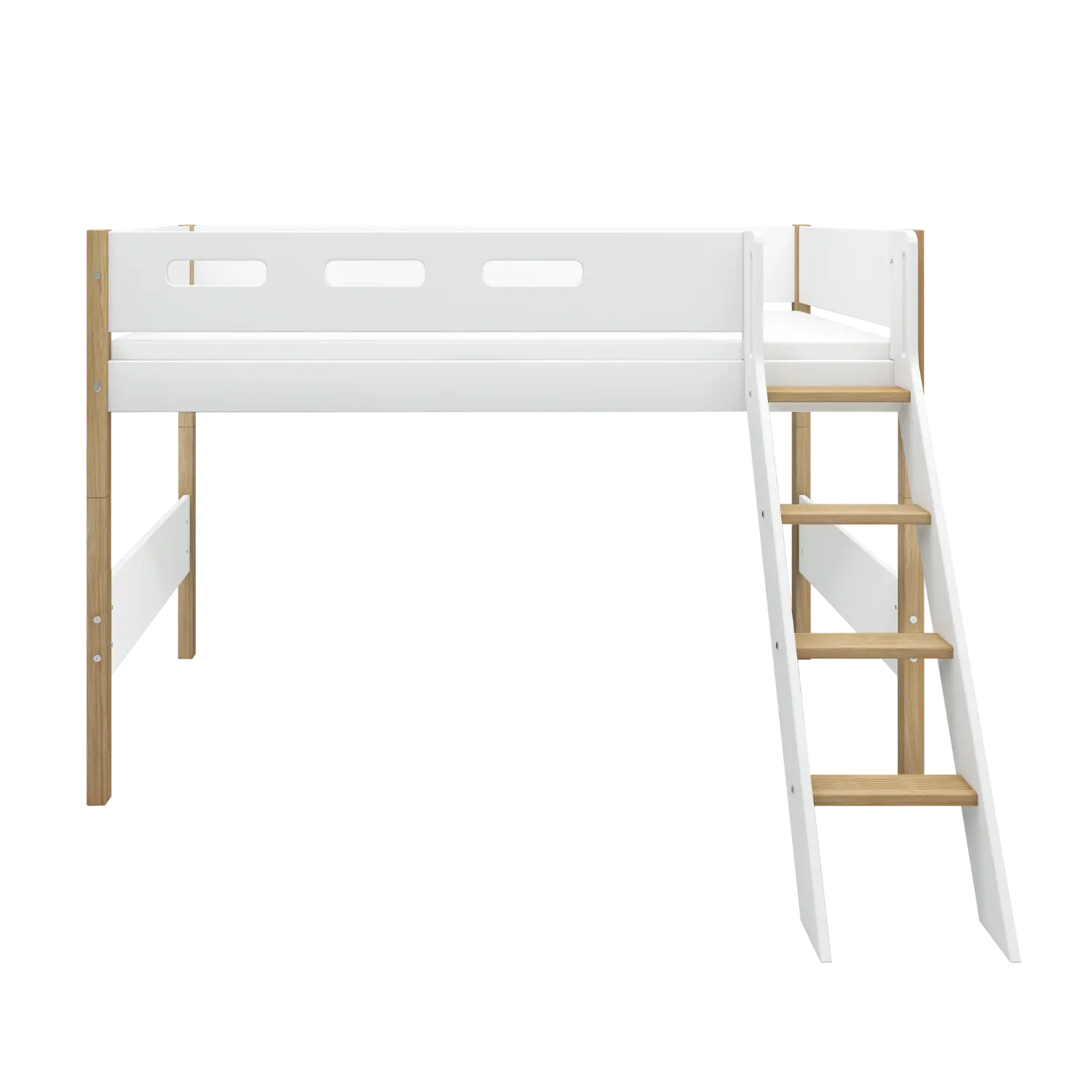 Lit en hauteur 143 cm avec échelle et barrière de sécurité, 90x200 cm, Blanc/Chêne