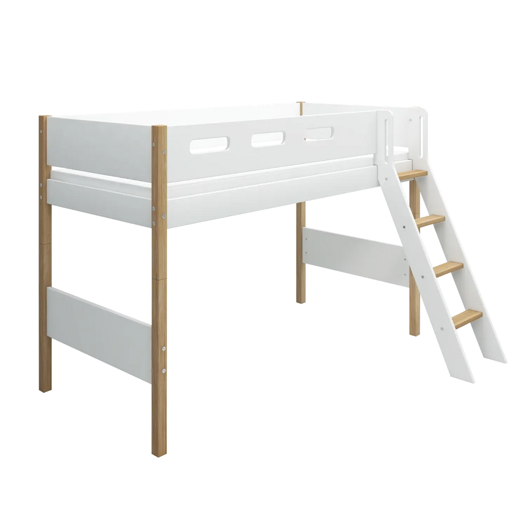 Lit en hauteur 143 cm avec échelle et barrière de sécurité, 90x200 cm, Blanc/Chêne